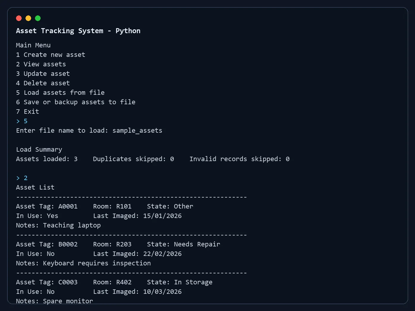 Asset Tracking System running in a terminal