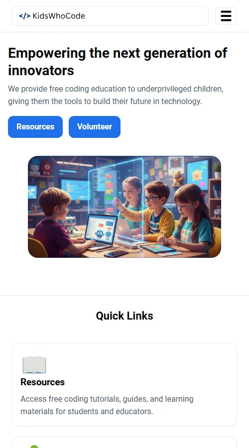 KidsWhoCode homepage displayed at mobile size